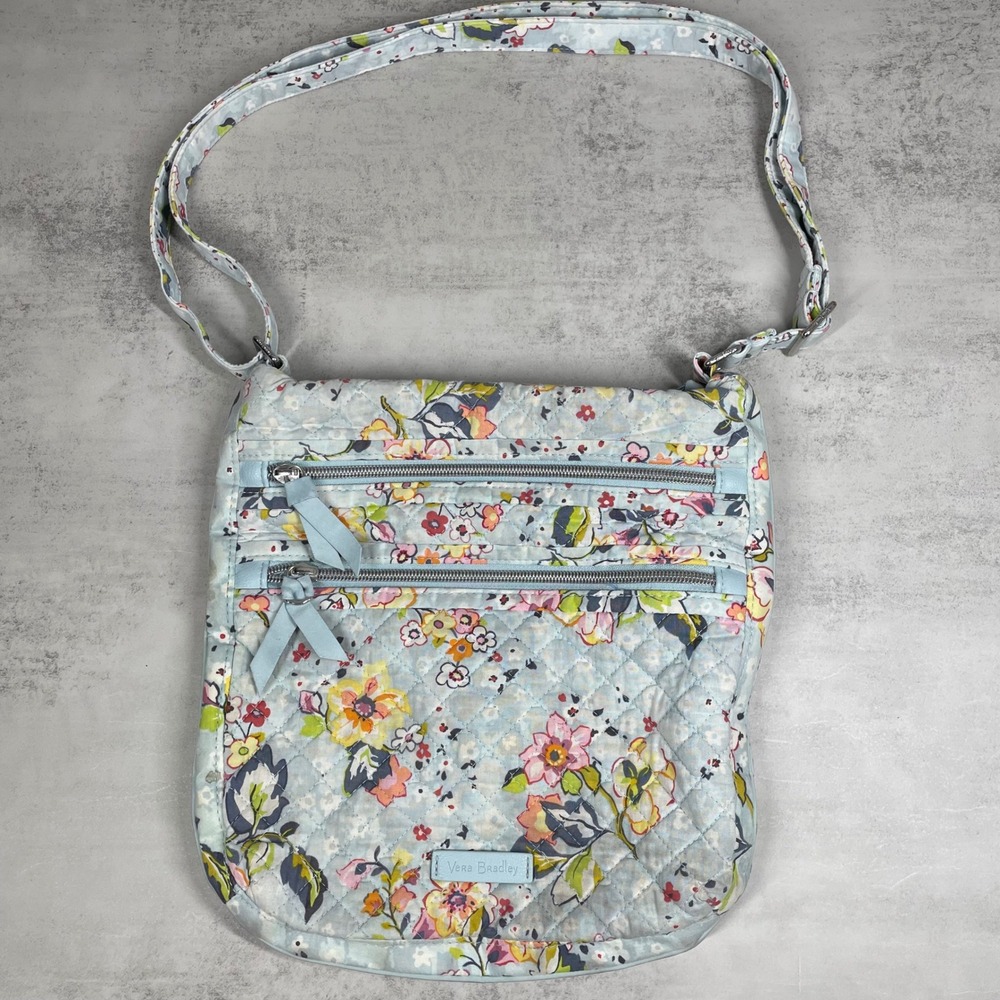 Vera Bradley Crossbody Bag Blue Floral Quilted Cotton Purse Womens On the Go